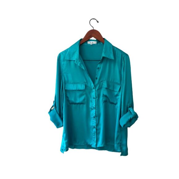 Appraisal Women Button Down Blouse Turquoise Size L with Front Pockets - Picture 2 of 13